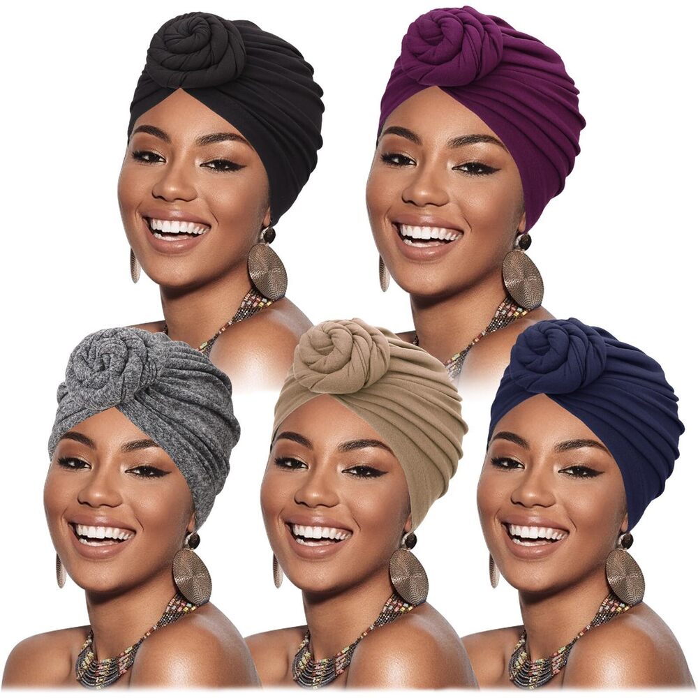 3160 5 Pack Knotted Headwraps African Turban Pre-Knotted Beanie Headwraps
